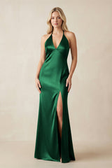 V - Neck Sheath Satin Bridesmaid Dress with Bow in Green - KISS BRIDAL Bridesmaid Dresses