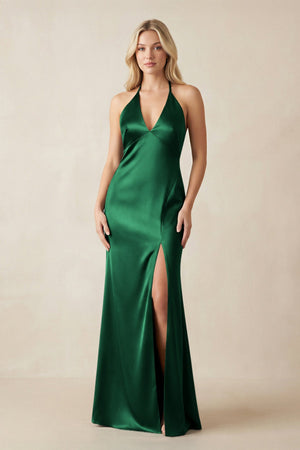 V - Neck Sheath Satin Bridesmaid Dress with Bow in Green - KISS BRIDAL Bridesmaid Dresses