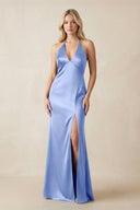 V - Neck Sheath Satin Bridesmaid Dress with Bow in Ice - KISS BRIDAL Bridesmaid Dresses