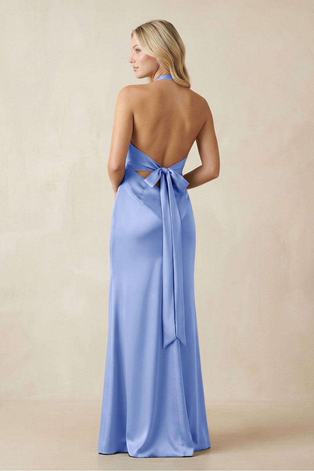V - Neck Sheath Satin Bridesmaid Dress with Bow in Ice - KISS BRIDAL Bridesmaid Dresses