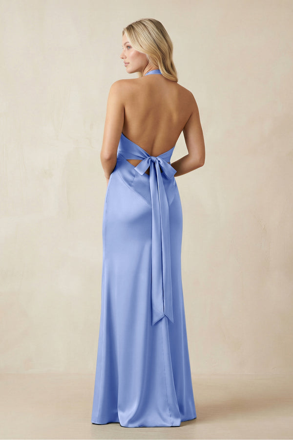 V - Neck Sheath Satin Bridesmaid Dress with Bow in Ice - KISS BRIDAL Bridesmaid Dresses