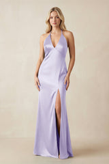 V - Neck Sheath Satin Bridesmaid Dress with Bow in Lavender - KISS BRIDAL Bridesmaid Dresses