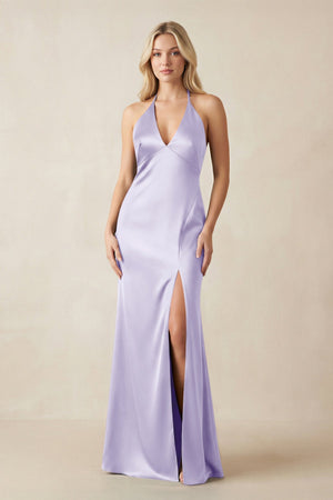 V - Neck Sheath Satin Bridesmaid Dress with Bow in Lavender - KISS BRIDAL Bridesmaid Dresses