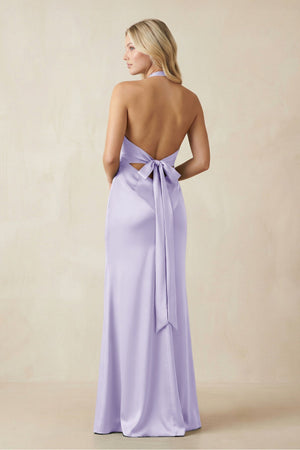 V - Neck Sheath Satin Bridesmaid Dress with Bow in Lavender - KISS BRIDAL Bridesmaid Dresses