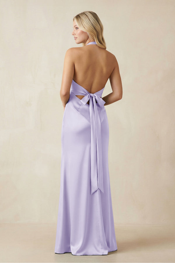 V - Neck Sheath Satin Bridesmaid Dress with Bow in Lavender - KISS BRIDAL Bridesmaid Dresses