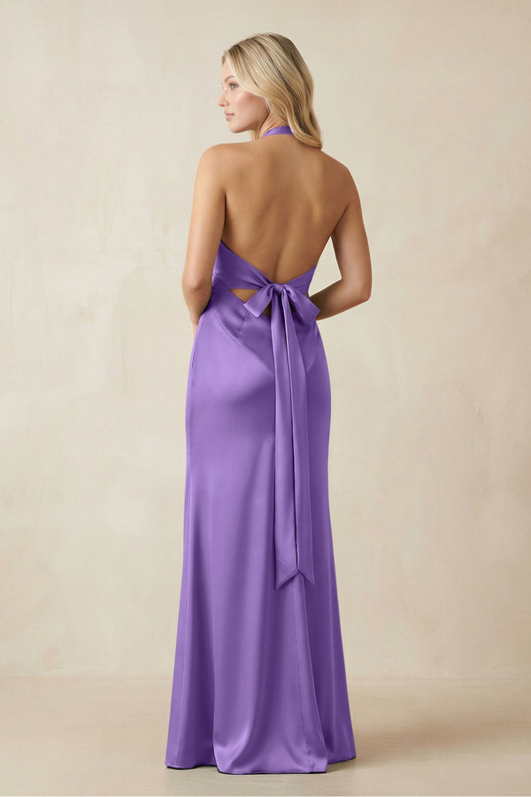 V - Neck Sheath Satin Bridesmaid Dress with Bow in Lilac - KISS BRIDAL Bridesmaid Dresses