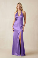 V - Neck Sheath Satin Bridesmaid Dress with Bow in Lilac - KISS BRIDAL Bridesmaid Dresses