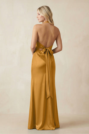 V - Neck Sheath Satin Bridesmaid Dress with Bow in Marigold - KISS BRIDAL Bridesmaid Dresses