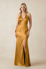 V - Neck Sheath Satin Bridesmaid Dress with Bow in Marigold - KISS BRIDAL Bridesmaid Dresses