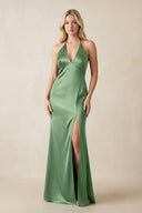 V - Neck Sheath Satin Bridesmaid Dress with Bow in Matcha - KISS BRIDAL Bridesmaid Dresses