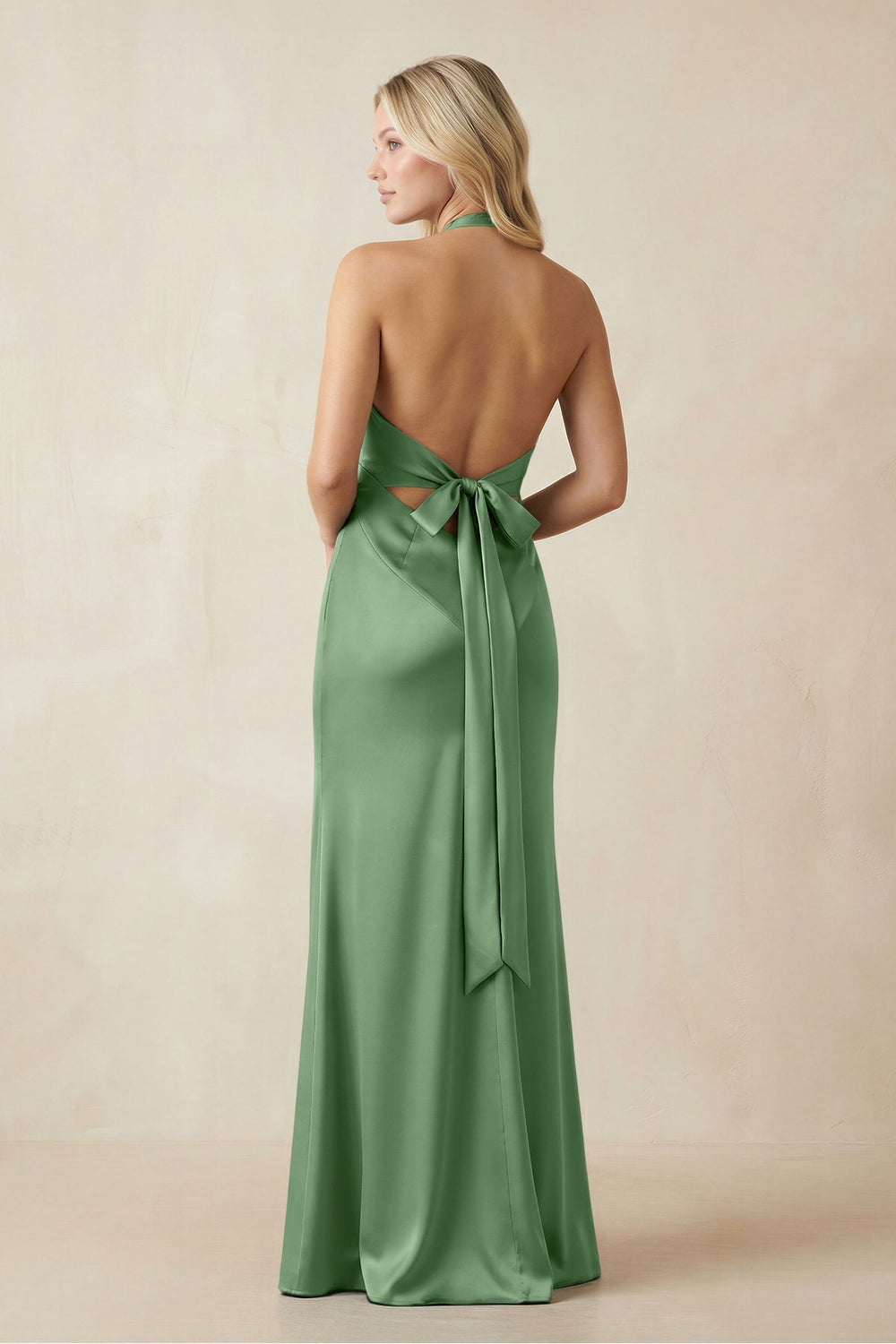 V - Neck Sheath Satin Bridesmaid Dress with Bow in Matcha - KISS BRIDAL Bridesmaid Dresses