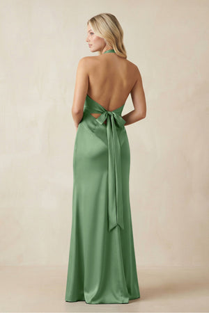 V - Neck Sheath Satin Bridesmaid Dress with Bow in Matcha - KISS BRIDAL Bridesmaid Dresses