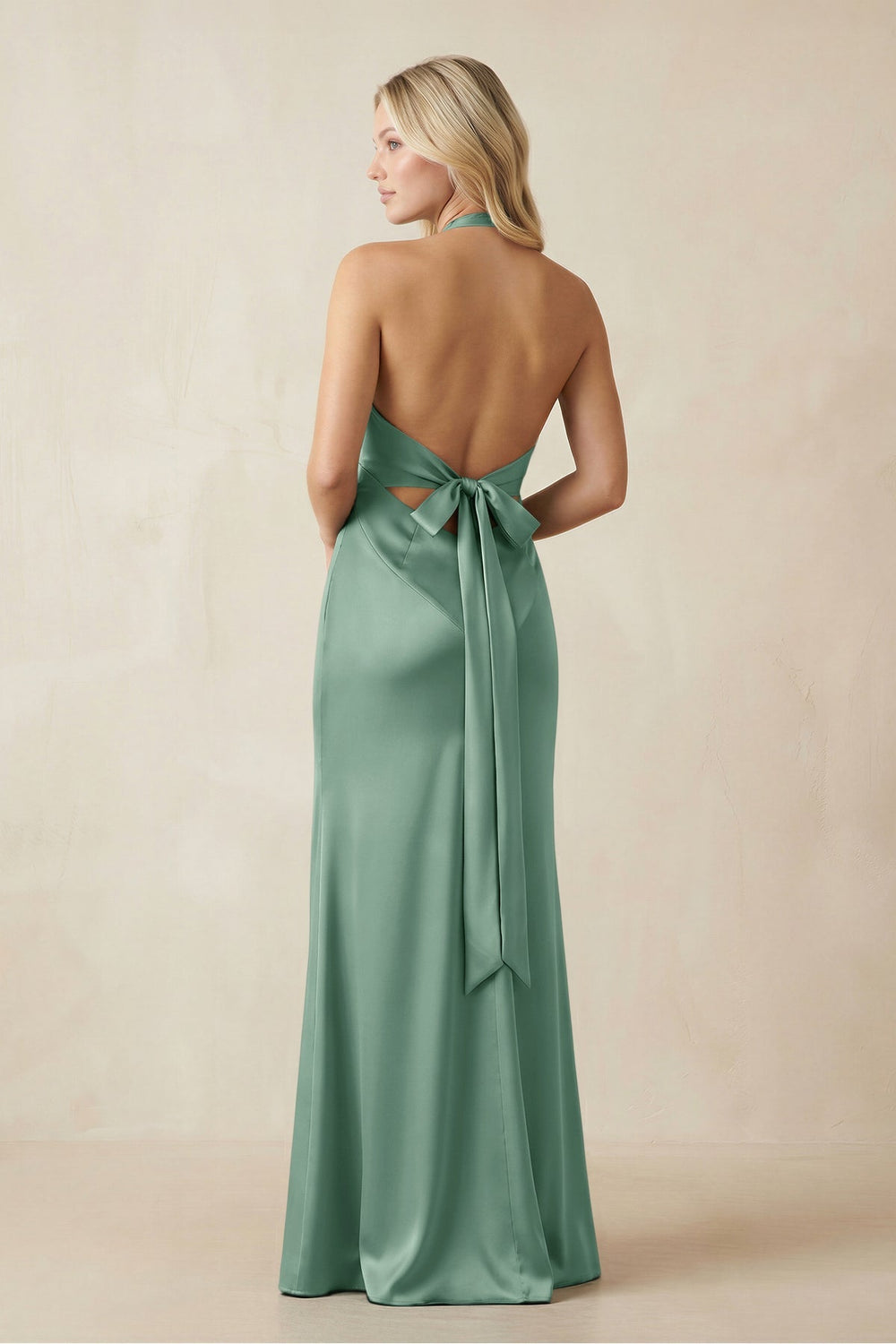 V - Neck Sheath Satin Bridesmaid Dress with Bow in Mint Green - KISS BRIDAL Bridesmaid Dresses