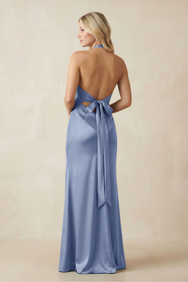 V - Neck Sheath Satin Bridesmaid Dress with Bow in Mist - KISS BRIDAL Bridesmaid Dresses