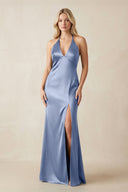 V - Neck Sheath Satin Bridesmaid Dress with Bow in Mist - KISS BRIDAL Bridesmaid Dresses