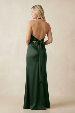 V - Neck Sheath Satin Bridesmaid Dress with Bow in Moss - SHE IS ME Bridesmaid Dresses