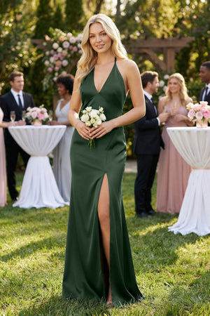 V - Neck Sheath Satin Bridesmaid Dress with Bow in Moss - SHE IS ME Bridesmaid Dresses