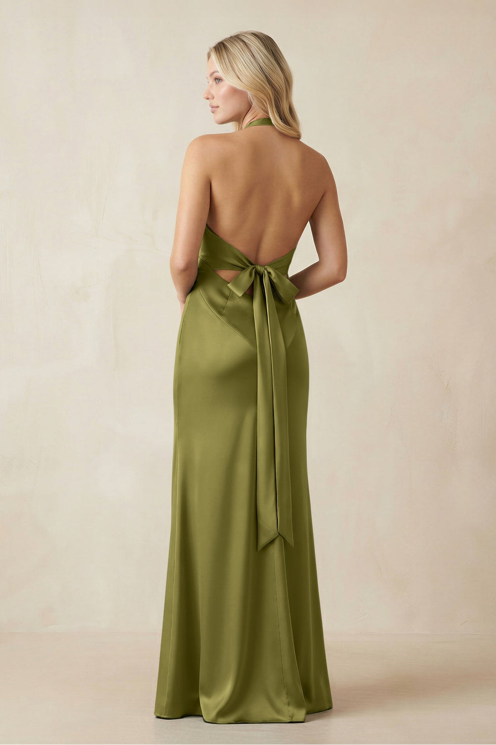V - Neck Sheath Satin Bridesmaid Dress with Bow in Moss Green - KISS BRIDAL Bridesmaid Dresses