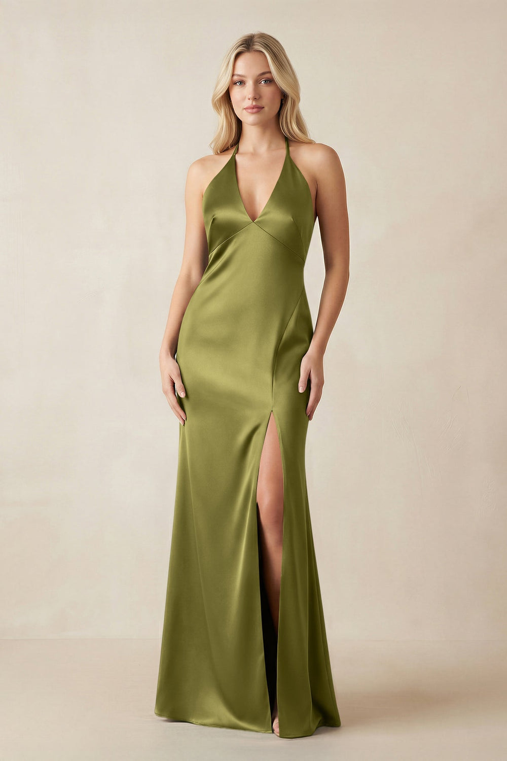 V - Neck Sheath Satin Bridesmaid Dress with Bow in Moss Green - KISS BRIDAL Bridesmaid Dresses