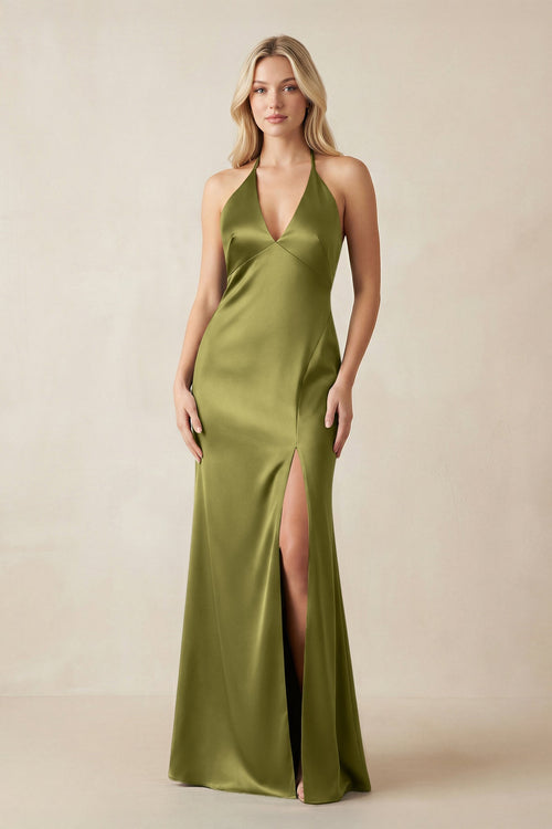 V - Neck Sheath Satin Bridesmaid Dress with Bow in Moss Green - KISS BRIDAL Bridesmaid Dresses