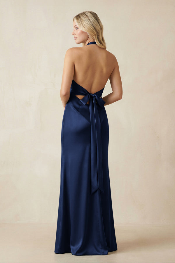 V - Neck Sheath Satin Bridesmaid Dress with Bow in Navy - KISS BRIDAL Bridesmaid Dresses