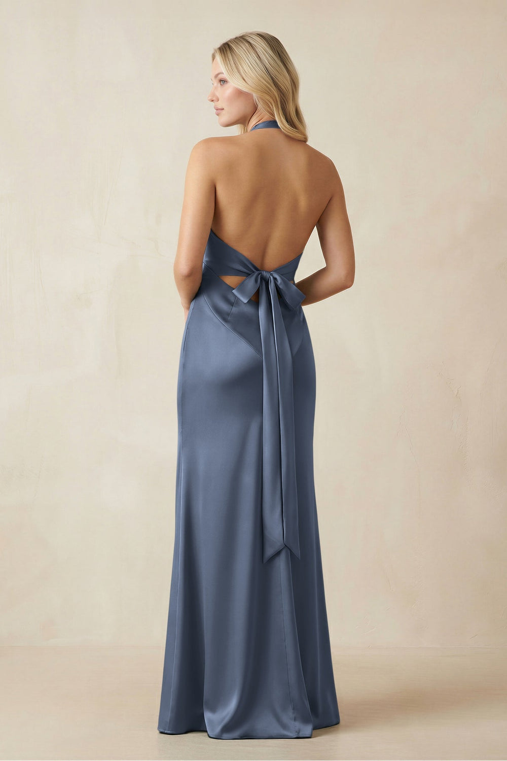 V - Neck Sheath Satin Bridesmaid Dress with Bow in Neptune - KISS BRIDAL Bridesmaid Dresses