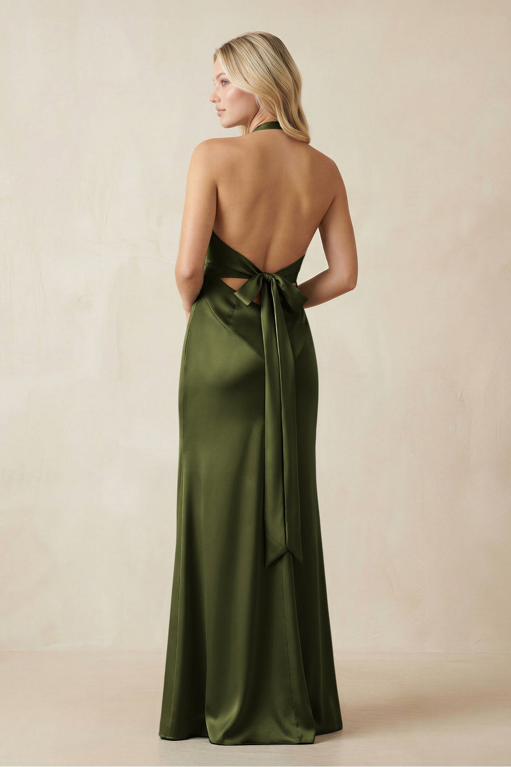V - Neck Sheath Satin Bridesmaid Dress with Bow in Olive - KISS BRIDAL Bridesmaid Dresses