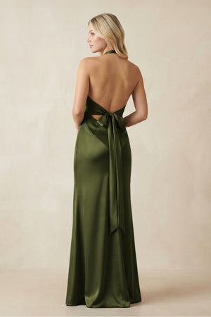 V - Neck Sheath Satin Bridesmaid Dress with Bow in Olive - KISS BRIDAL Bridesmaid Dresses