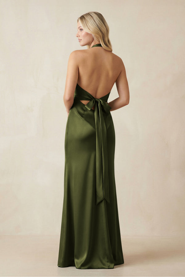 V - Neck Sheath Satin Bridesmaid Dress with Bow in Olive - KISS BRIDAL Bridesmaid Dresses