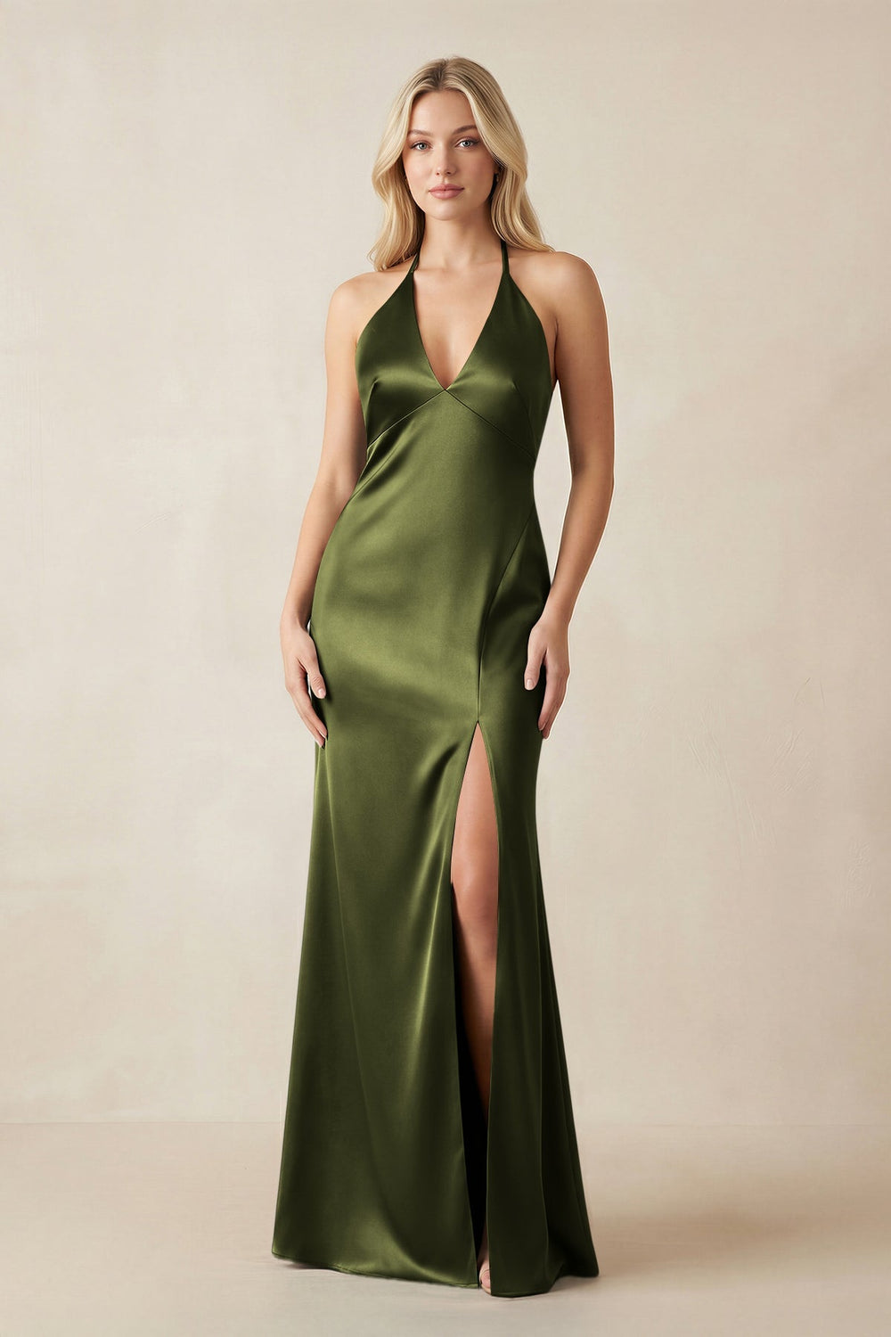 V - Neck Sheath Satin Bridesmaid Dress with Bow in Olive - KISS BRIDAL Bridesmaid Dresses
