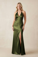 V - Neck Sheath Satin Bridesmaid Dress with Bow in Olive - KISS BRIDAL Bridesmaid Dresses