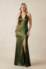 V - Neck Sheath Satin Bridesmaid Dress with Bow in Olive - KISS BRIDAL Bridesmaid Dresses