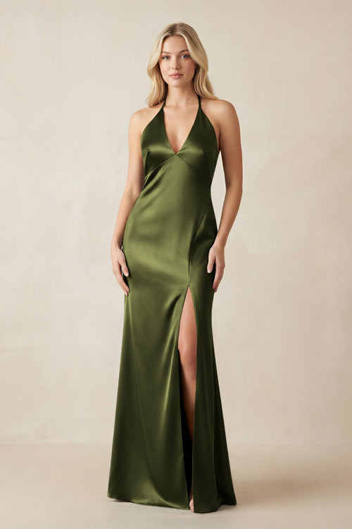 V - Neck Sheath Satin Bridesmaid Dress with Bow in Olive - KISS BRIDAL Bridesmaid Dresses