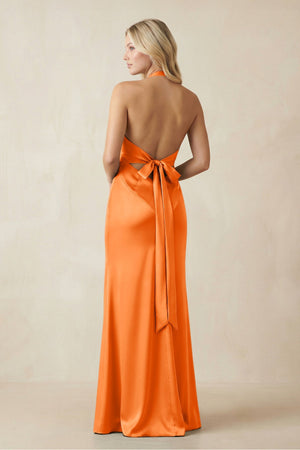 V - Neck Sheath Satin Bridesmaid Dress with Bow in Orange - KISS BRIDAL Bridesmaid Dresses