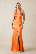 V - Neck Sheath Satin Bridesmaid Dress with Bow in Orange - KISS BRIDAL Bridesmaid Dresses