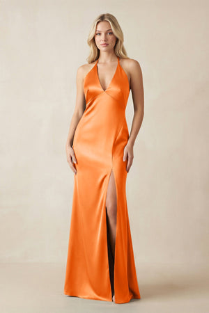 V - Neck Sheath Satin Bridesmaid Dress with Bow in Orange - KISS BRIDAL Bridesmaid Dresses