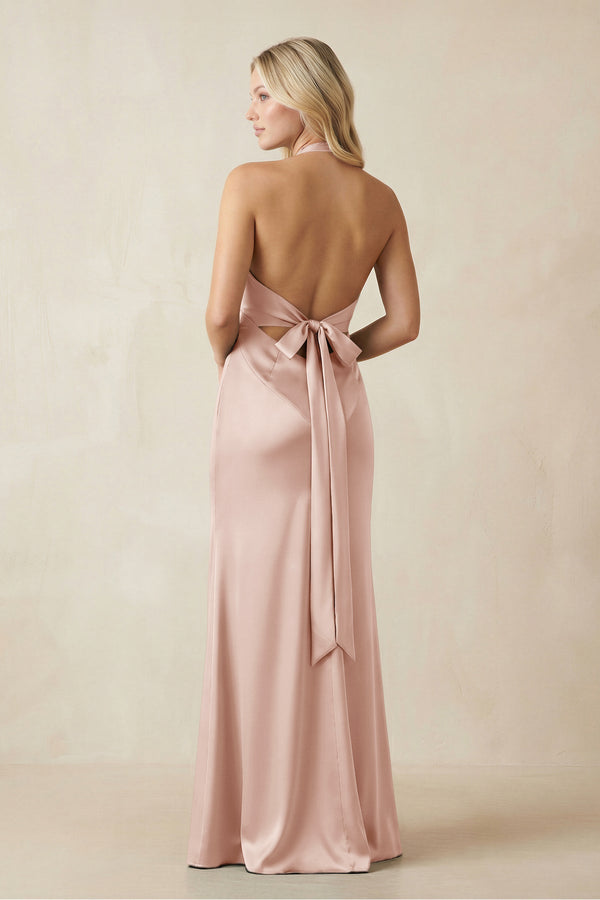 V - Neck Sheath Satin Bridesmaid Dress with Bow in Pale Blush - KISS BRIDAL Bridesmaid Dresses