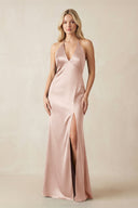 V - Neck Sheath Satin Bridesmaid Dress with Bow in Pale Blush - KISS BRIDAL Bridesmaid Dresses
