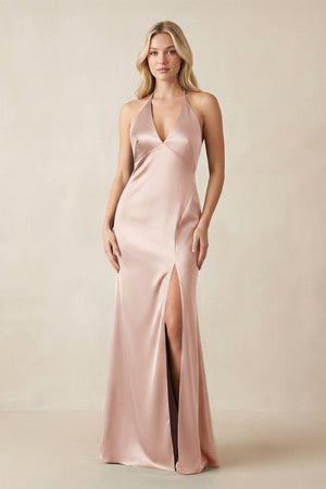 V - Neck Sheath Satin Bridesmaid Dress with Bow in Pale Blush - KISS BRIDAL Bridesmaid Dresses