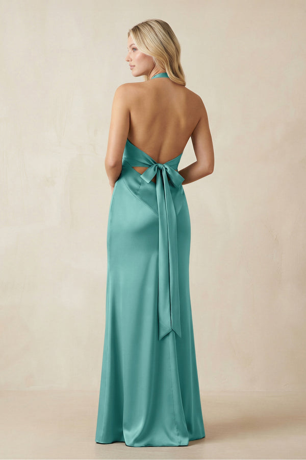 V - Neck Sheath Satin Bridesmaid Dress with Bow in Pale Pistachio - KISS BRIDAL Bridesmaid Dresses