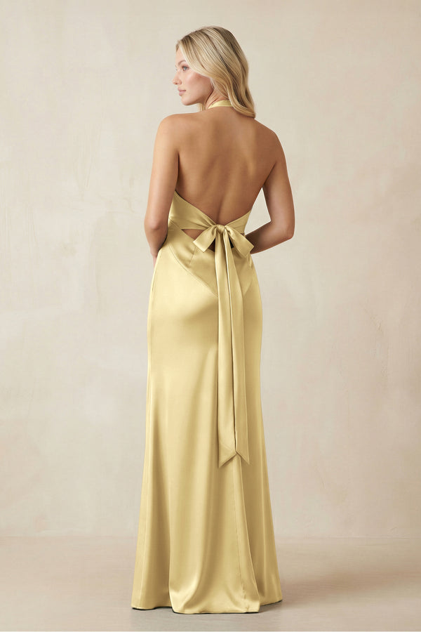 V - Neck Sheath Satin Bridesmaid Dress with Bow in Pastel Yellow - KISS BRIDAL Bridesmaid Dresses