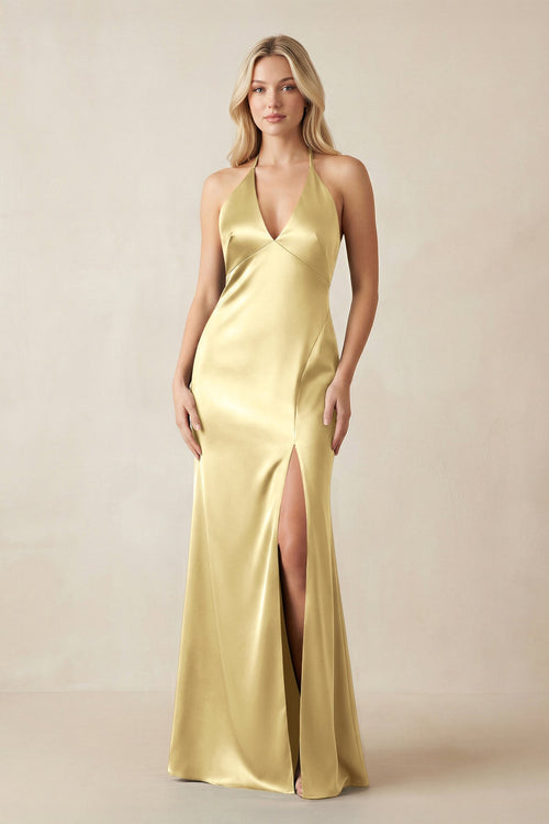 V - Neck Sheath Satin Bridesmaid Dress with Bow in Pastel Yellow - KISS BRIDAL Bridesmaid Dresses
