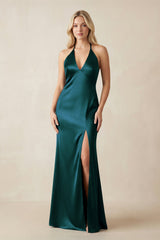 V - Neck Sheath Satin Bridesmaid Dress with Bow in Pine - KISS BRIDAL Bridesmaid Dresses