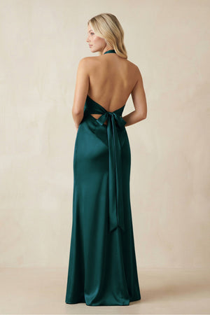 V - Neck Sheath Satin Bridesmaid Dress with Bow in Pine - KISS BRIDAL Bridesmaid Dresses