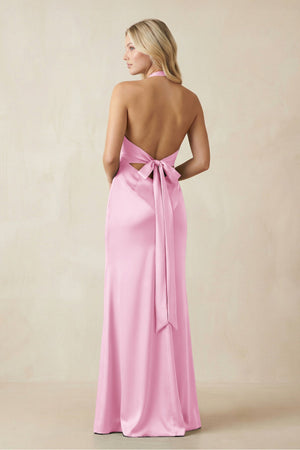 V - Neck Sheath Satin Bridesmaid Dress with Bow in Pink - KISS BRIDAL Bridesmaid Dresses