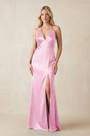 V - Neck Sheath Satin Bridesmaid Dress with Bow in Pink - KISS BRIDAL Bridesmaid Dresses