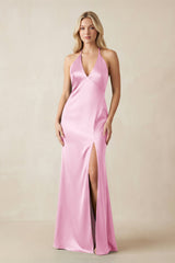V - Neck Sheath Satin Bridesmaid Dress with Bow in Pink - KISS BRIDAL Bridesmaid Dresses