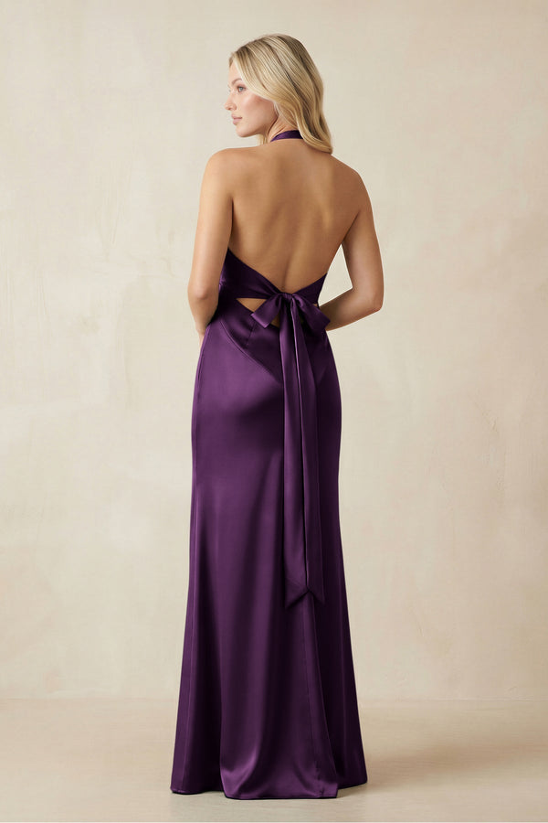 V - Neck Sheath Satin Bridesmaid Dress with Bow in Plum - KISS BRIDAL Bridesmaid Dresses