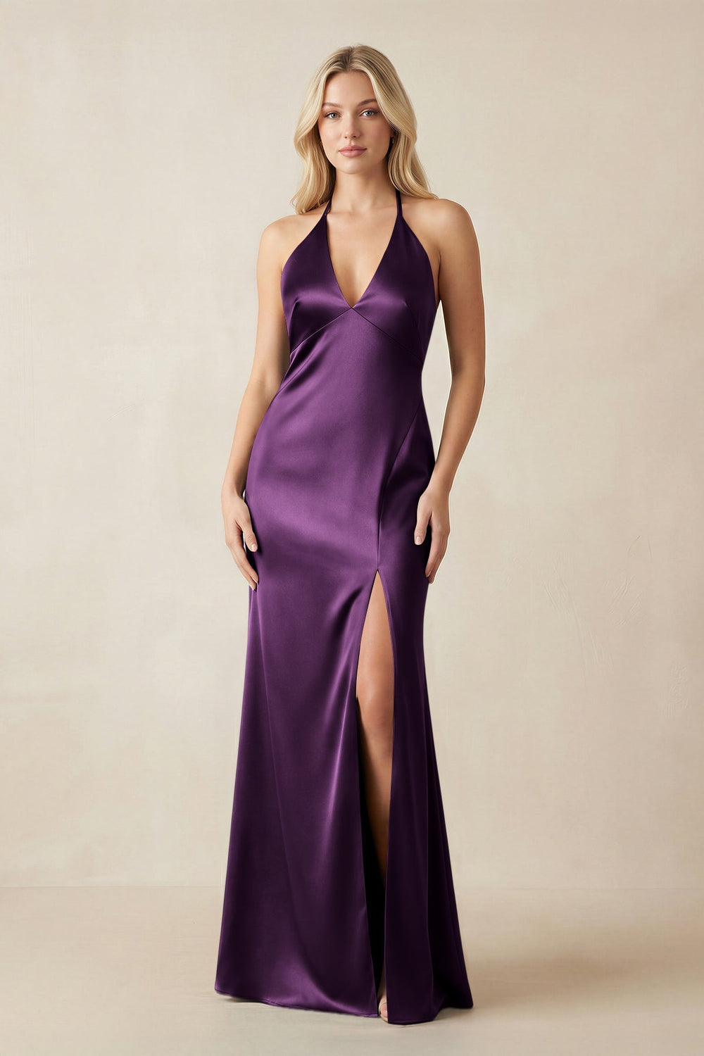 V - Neck Sheath Satin Bridesmaid Dress with Bow in Plum - KISS BRIDAL Bridesmaid Dresses