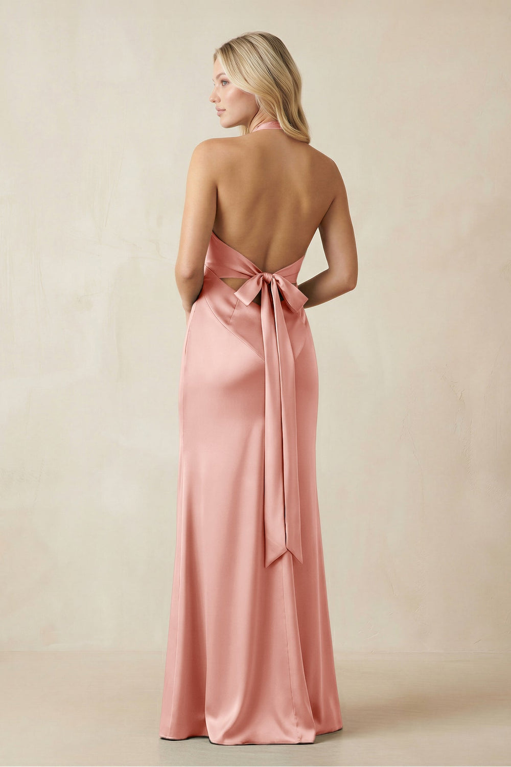 V - Neck Sheath Satin Bridesmaid Dress with Bow in Rose Petal - KISS BRIDAL Bridesmaid Dresses